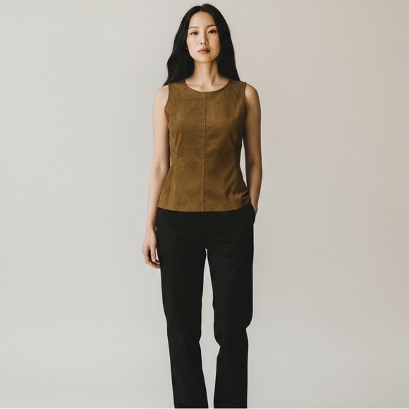 Ann Taylor Tops - Ann Taylor Petite Brown Sleeveless Crew Neck Suede Feel Top Zip/Hook/Eye Size SP